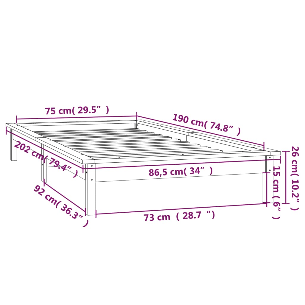 vidaXL Lovos rėmas su LED, pilkas, 75x190cm, mediena, vienvietis