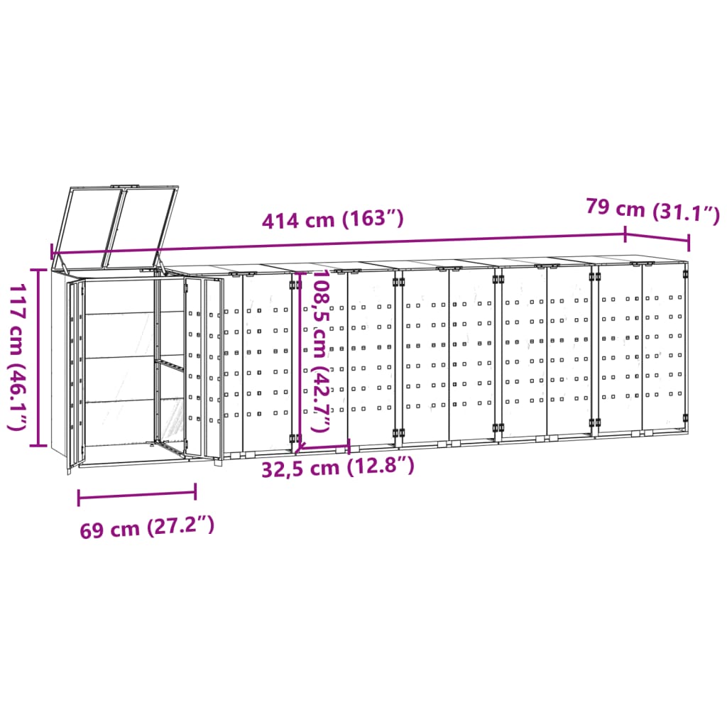 vidaXL Stoginė 6 konteineriams, pilka, 414x79x117cm, plienas